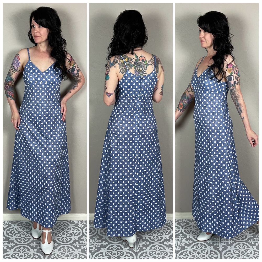Vintage 1970s Blue and White Polka Dot A-Line Maxi Dress - Picture 3 of 9